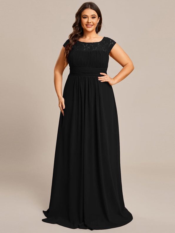 Plus Size Empire Waist Lace Bodice Evening Dress - Black