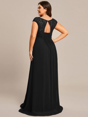 Plus Size Empire Waist Lace Bodice Evening Dress - Black