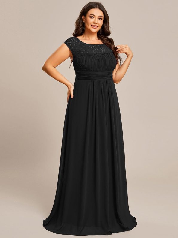 Plus Size Empire Waist Lace Bodice Evening Dress - Black