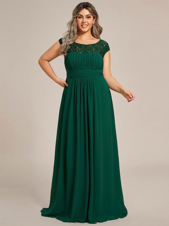 Plus Size Empire Waist Lace Bodice Evening Dress - Dark Green