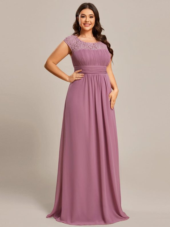 Plus Size Empire Waist Lace Bodice Evening Dress - Purple Orchid