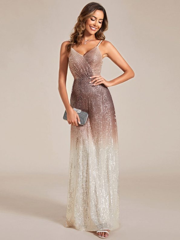 Gradient Sequin A-Line Spaghetti Strap V-Neck Formal Evening Dress - Mushroom