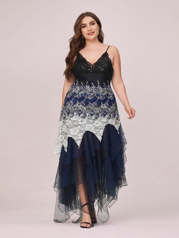 Women's V Neck Multi Color Asymmetrical Hems Prom Dress - Navy Blue