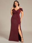 Plus Size V-Neck Cold Shoulder Floor-Length Evening Dress – Burgundy