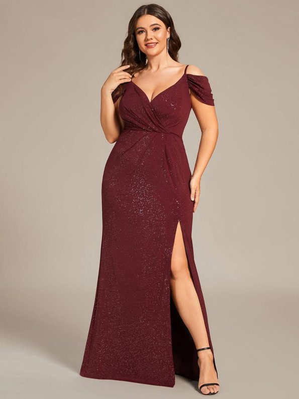 Plus Size V-Neck Cold Shoulder Floor-Length Evening Dress - Burgundy