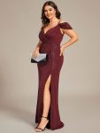 Plus Size V-Neck Cold Shoulder Floor-Length Evening Dress – Burgundy