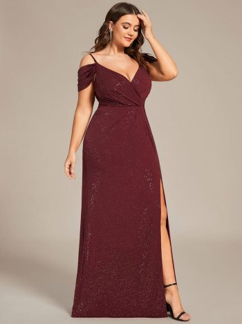 Plus Size V-Neck Cold Shoulder Floor-Length Evening Dress - Burgundy