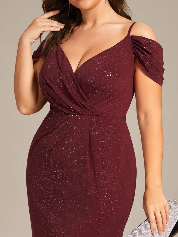 Plus Size V-Neck Cold Shoulder Floor-Length Evening Dress - Burgundy