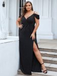 Plus Size V-Neck Cold Shoulder Floor-Length Evening Dress – Black