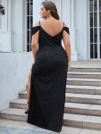 Plus Size V-Neck Cold Shoulder Floor-Length Evening Dress – Black