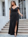 Plus Size V-Neck Cold Shoulder Floor-Length Evening Dress – Black