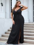 Plus Size V-Neck Cold Shoulder Floor-Length Evening Dress – Black