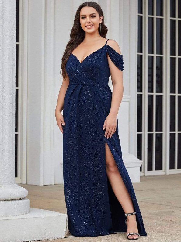 Plus Size V-Neck Cold Shoulder Floor-Length Evening Dress - Navy Blue