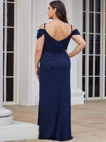 Plus Size V-Neck Cold Shoulder Floor-Length Evening Dress - Navy Blue