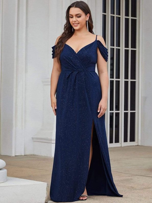 Plus Size V-Neck Cold Shoulder Floor-Length Evening Dress - Navy Blue