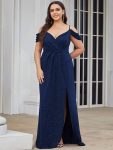 Plus Size V-Neck Cold Shoulder Floor-Length Evening Dress – Navy Blue