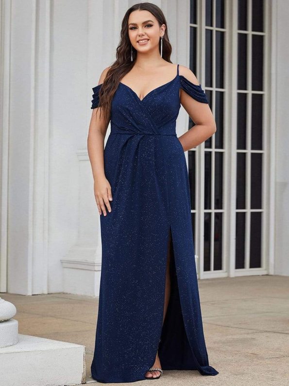 Plus Size V-Neck Cold Shoulder Floor-Length Evening Dress - Navy Blue