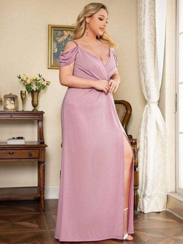 Plus Size V-Neck Cold Shoulder Floor-Length Evening Dress - Purple Orchid