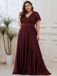 Plus Size V Neck Ribbon Waist Formal Evening Dress With Sleeves – Burgundy