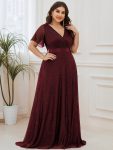 Plus Size V Neck Ribbon Waist Formal Evening Dress With Sleeves – Burgundy