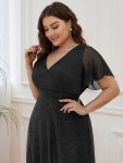 Plus Size V Neck Ribbon Waist Formal Evening Dress With Sleeves – Black