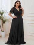 Plus Size V Neck Ribbon Waist Formal Evening Dress With Sleeves – Black