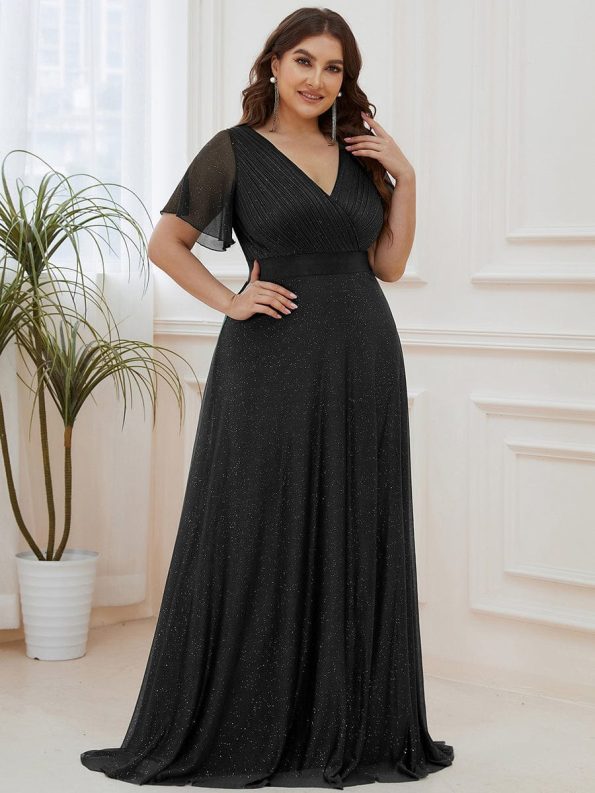 Plus Size V Neck Ribbon Waist Formal Evening Dress With Sleeves - Black