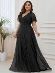 Plus Size V Neck Ribbon Waist Formal Evening Dress With Sleeves – Black