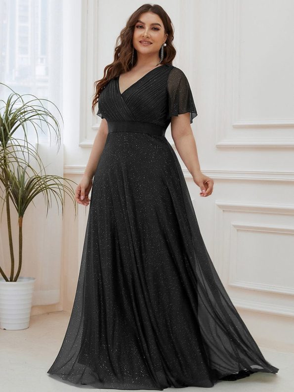 Plus Size V Neck Ribbon Waist Formal Evening Dress With Sleeves - Black