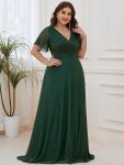 Plus Size V Neck Ribbon Waist Formal Evening Dress With Sleeves - Dark Green