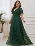 Plus Size V Neck Ribbon Waist Formal Evening Dress With Sleeves – Dark Green