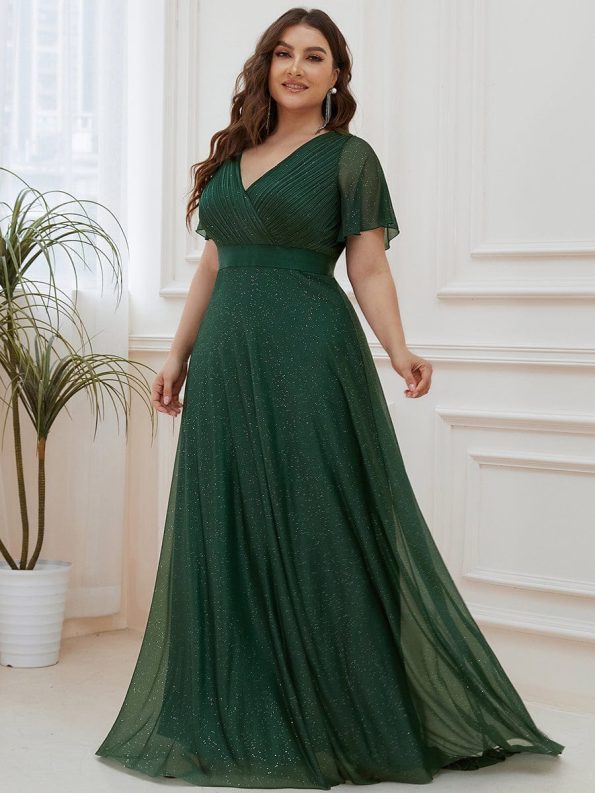 Plus Size V Neck Ribbon Waist Formal Evening Dress With Sleeves - Dark Green