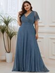 Plus Size V Neck Ribbon Waist Formal Evening Dress With Sleeves – Dusty Navy