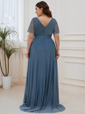 Plus Size V Neck Ribbon Waist Formal Evening Dress With Sleeves - Dusty Navy