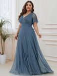 Plus Size V Neck Ribbon Waist Formal Evening Dress With Sleeves – Dusty Navy