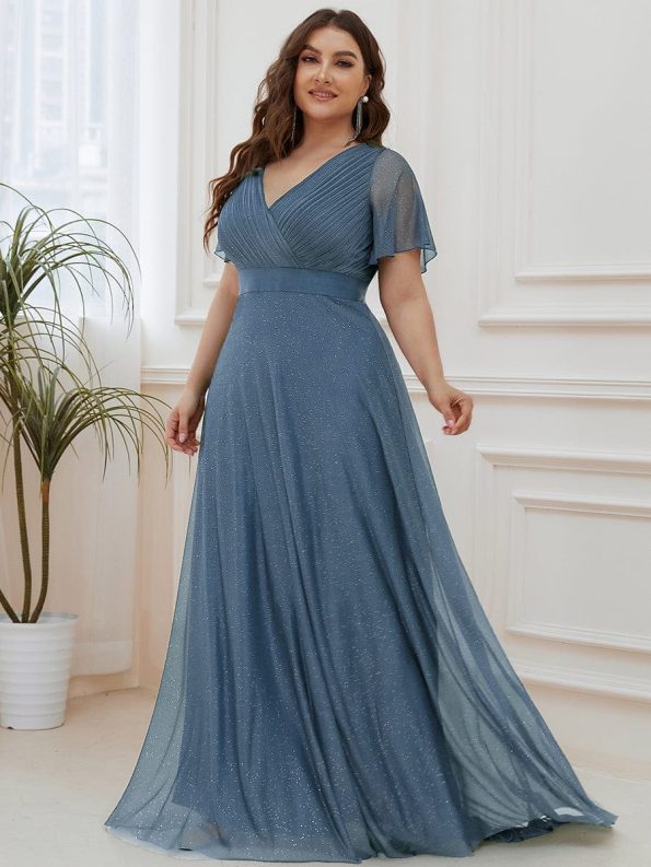 Plus Size V Neck Ribbon Waist Formal Evening Dress With Sleeves - Dusty Navy