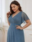 Plus Size V Neck Ribbon Waist Formal Evening Dress With Sleeves – Dusty Navy