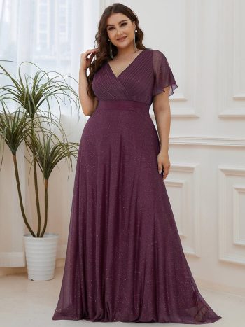 Plus Size V Neck Ribbon Waist Formal Evening Dress With Sleeves - Dark Purple