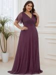 Plus Size V Neck Ribbon Waist Formal Evening Dress With Sleeves – Dark Purple