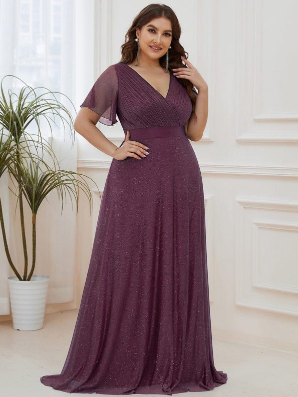 Plus Size V Neck Ribbon Waist Formal Evening Dress With Sleeves - Dark Purple