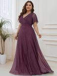 Plus Size V Neck Ribbon Waist Formal Evening Dress With Sleeves – Dark Purple