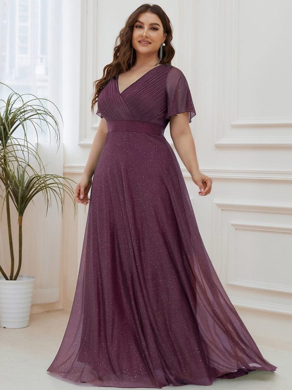 Plus Size V Neck Ribbon Waist Formal Evening Dress With Sleeves - Dark Purple