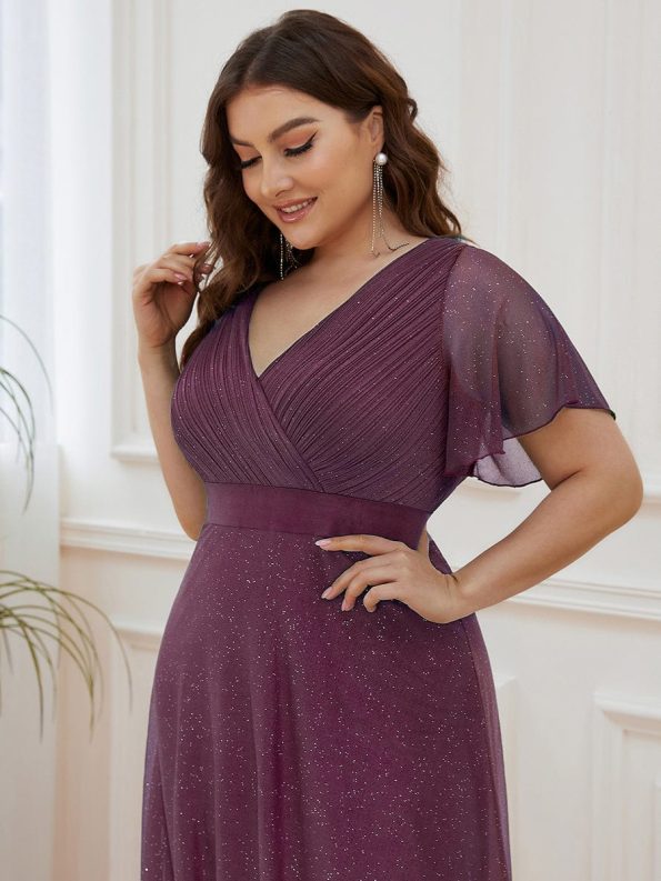 Plus Size V Neck Ribbon Waist Formal Evening Dress With Sleeves - Dark Purple