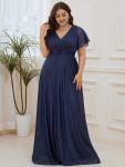 Plus Size V Neck Ribbon Waist Formal Evening Dress With Sleeves – Navy Blue