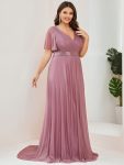 Plus Size V Neck Ribbon Waist Formal Evening Dress With Sleeves – Purple Orchid