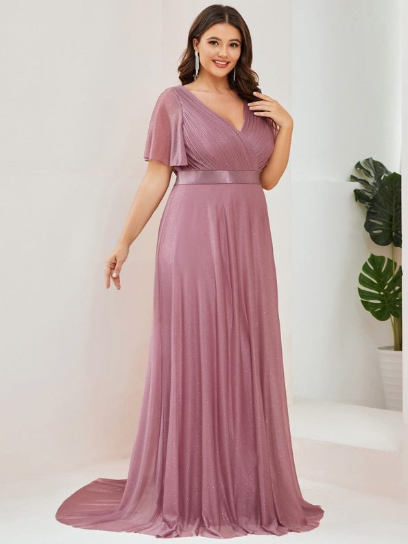 Plus Size V Neck Ribbon Waist Formal Evening Dress With Sleeves - Purple Orchid