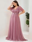 Plus Size V Neck Ribbon Waist Formal Evening Dress With Sleeves – Purple Orchid