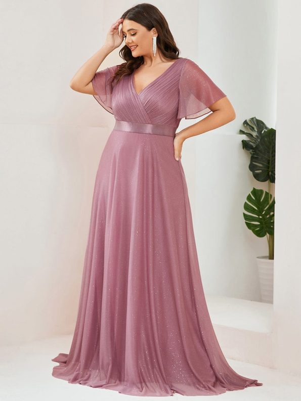 Plus Size V Neck Ribbon Waist Formal Evening Dress With Sleeves - Purple Orchid