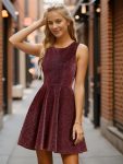 Glitter Round Neckline Sleeveless Short Homecoming Dress – Burgundy