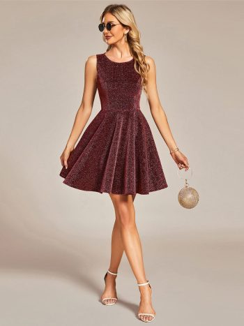Glitter Round Neckline Sleeveless Short Homecoming Dress - Burgundy